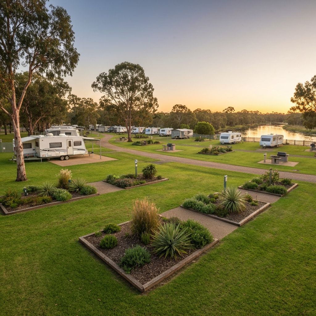 Grounds of Ballina Waterfront Village & Tourist Park with green lawns, caravan sites, and the river in the background