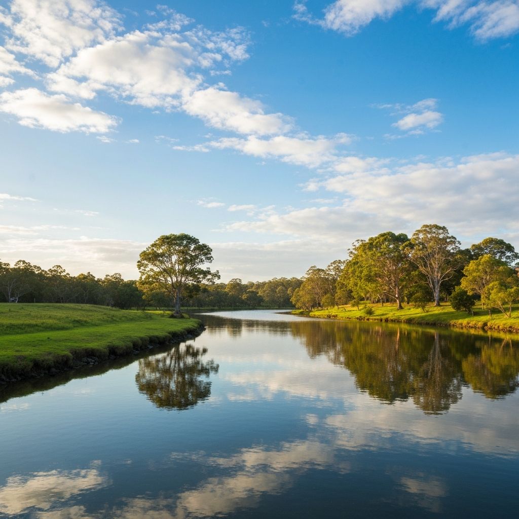 Calm Richmond River viewed from Ballina Waterfront Village & Tourist Park, with lush green banks